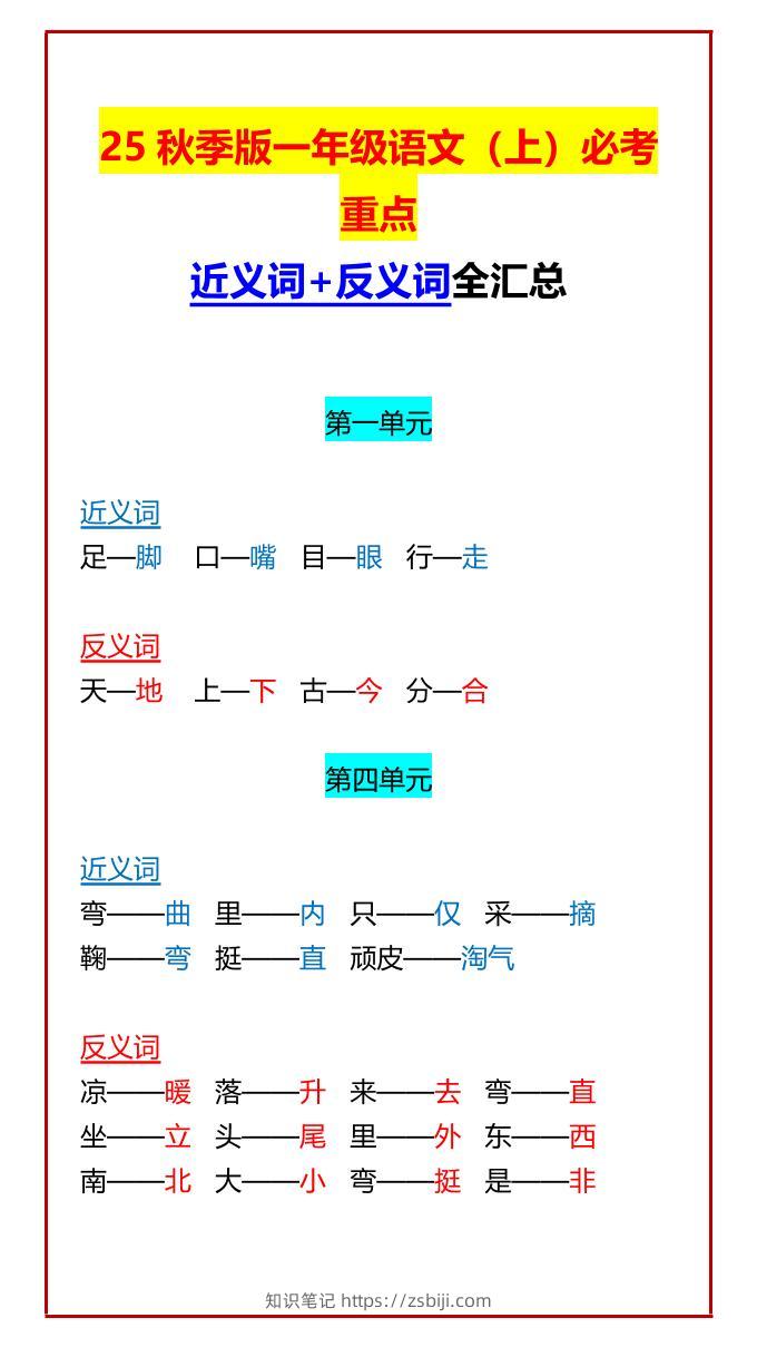 【2025秋新版】一年级语文上必考重点近义词+反义词全汇总-知识笔记