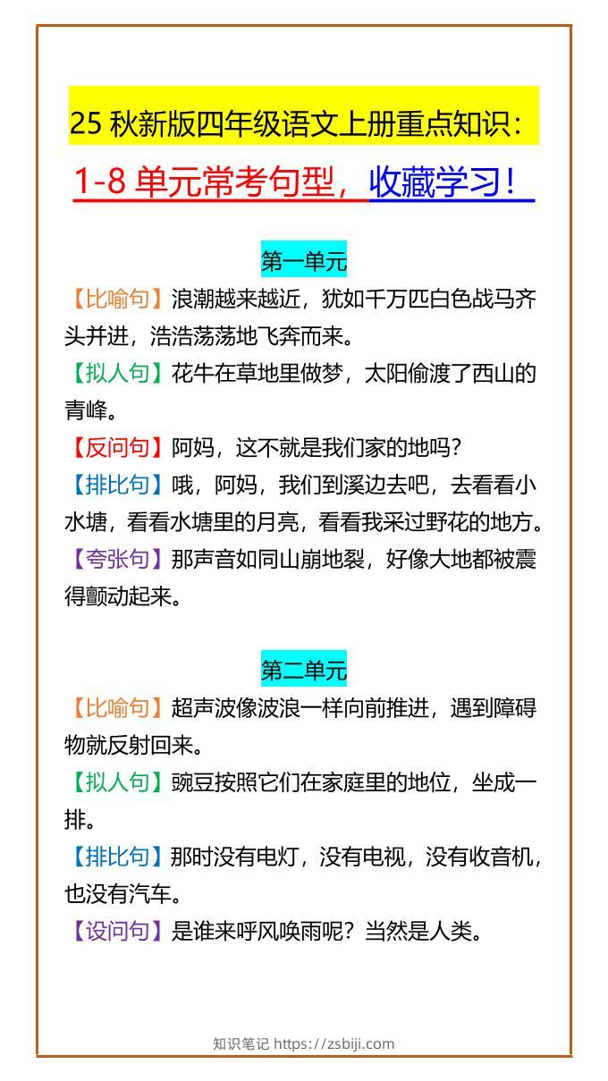 【2025秋新版】四年级语文上册重点知识：1-8单元常考句型，收藏学习！-知识笔记