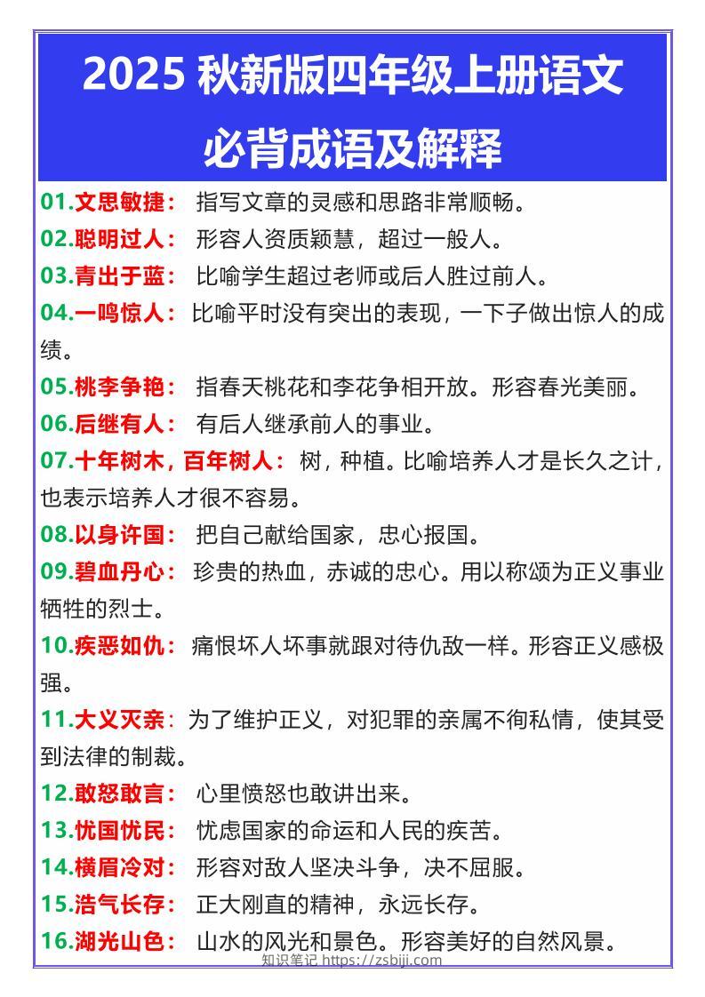 【2025秋新版】四年级上册语文必背成语及解释-知识笔记