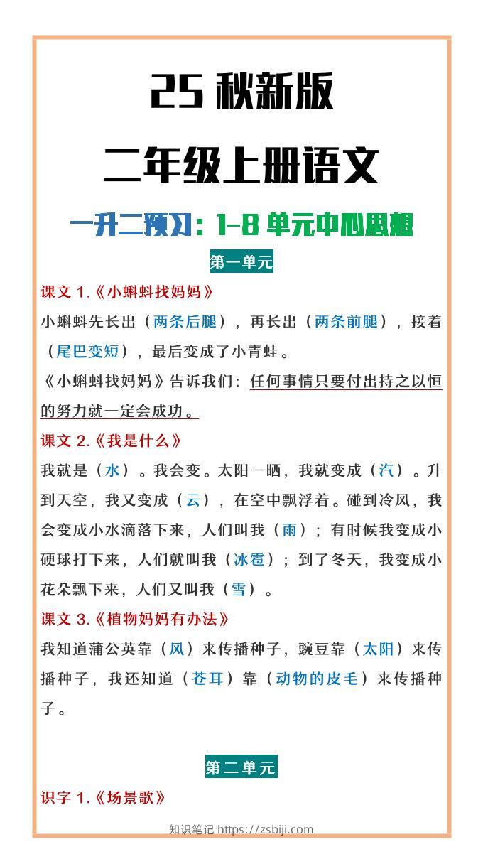 【2025秋新版】二年级上册语文1-8单元中心思想总结-知识笔记