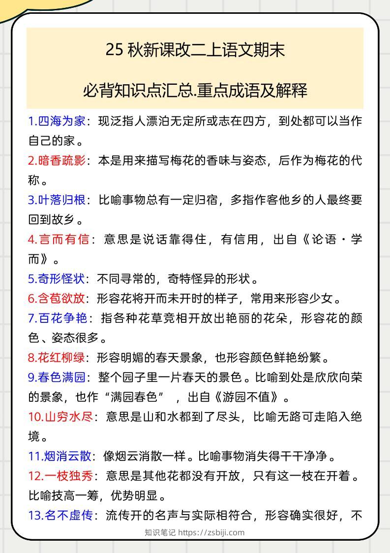 【2025秋新版】二上语文期末必背知识点汇总.重点成语及解释-知识笔记