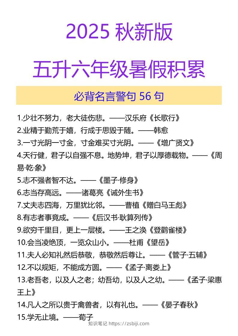 【2025秋新版】五升六年级暑假积累必背名言警句56句-六上语文-知识笔记