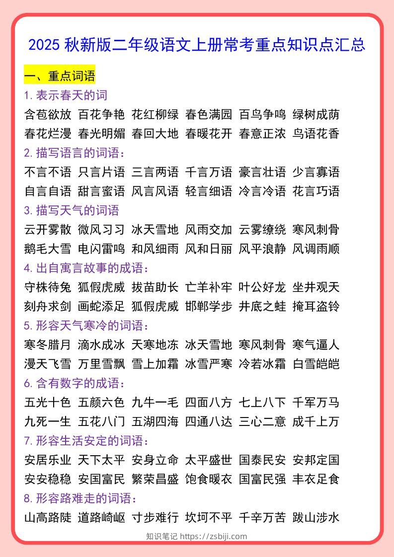 【2025秋新版】二年级语文上册常考重点知识点汇总-知识笔记
