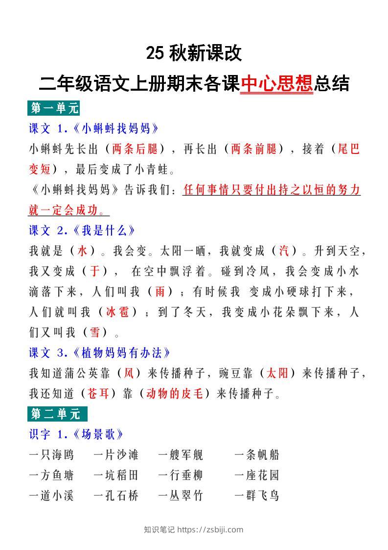 【2025秋新版】二年级语文上册期末各课中心思想总结-知识笔记