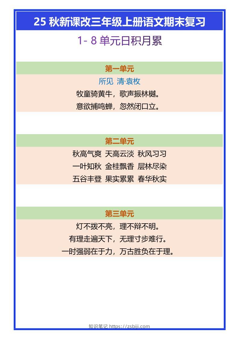 【2025秋新版】三年级上册语文期末复习1-8单元日积月累-知识笔记