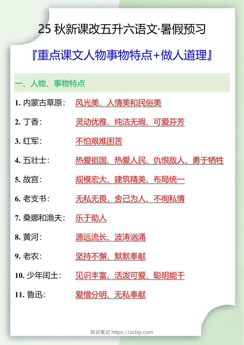 【2025秋新版】五升六重点课文人物事物特点+做人道理-六上语文-知识笔记
