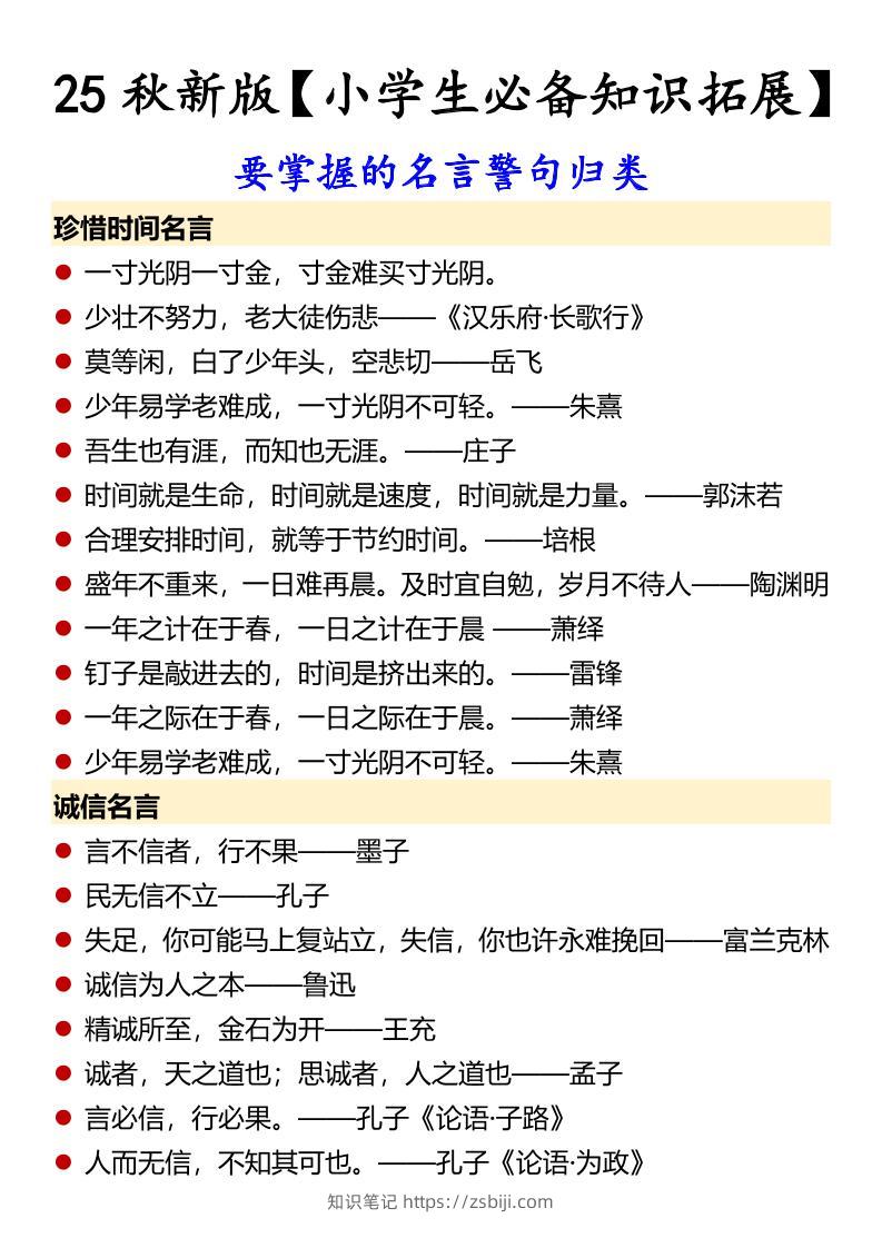 【2025秋新版】【小学生必备知识拓展】要掌握的名言警句归类-六上语文-知识笔记