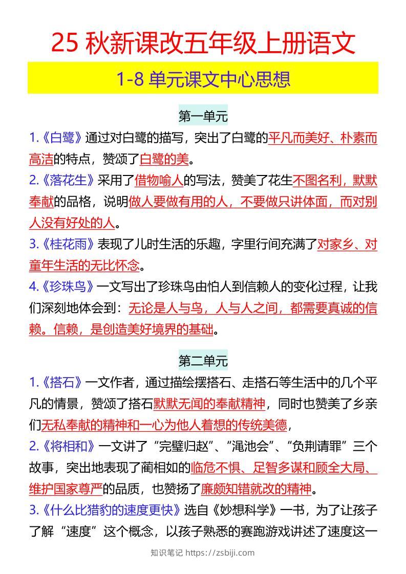 【2025秋新版】五年级上册语文1-8单元课文中心思想-知识笔记