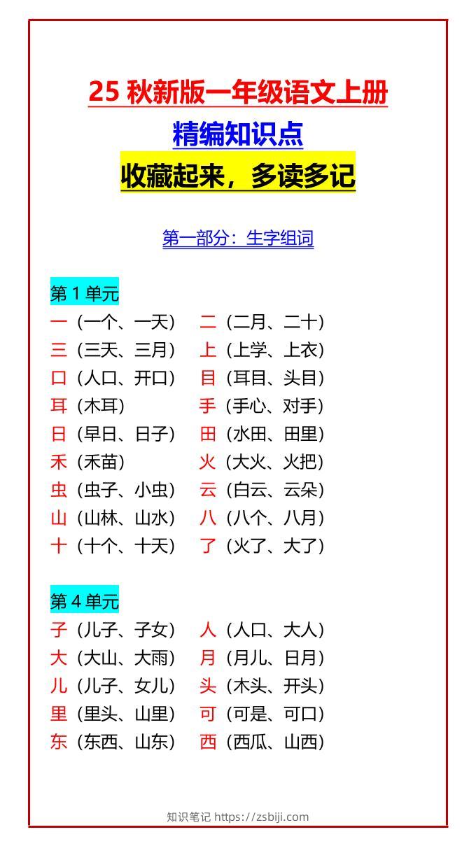 【2025秋新版】一年级语文上册精编知识点收藏起来，多读多记-知识笔记