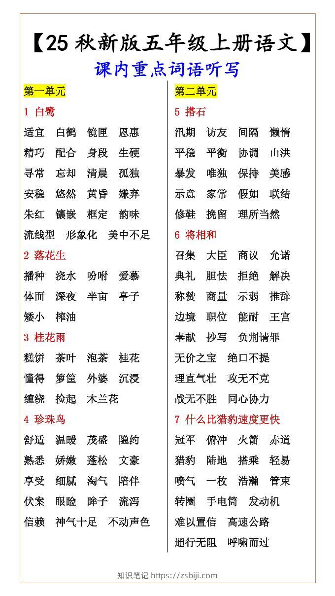 【2025秋新版】【五年级上册语文】课内重点词语听写-知识笔记