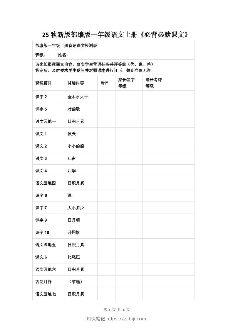 【2025秋新版】部编版一年级语文上册《必背必默课文》-知识笔记