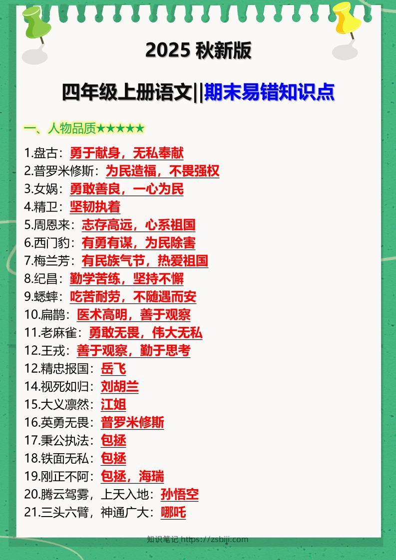 【2025秋新版】四年级上册语文‖期末易错知识点-知识笔记