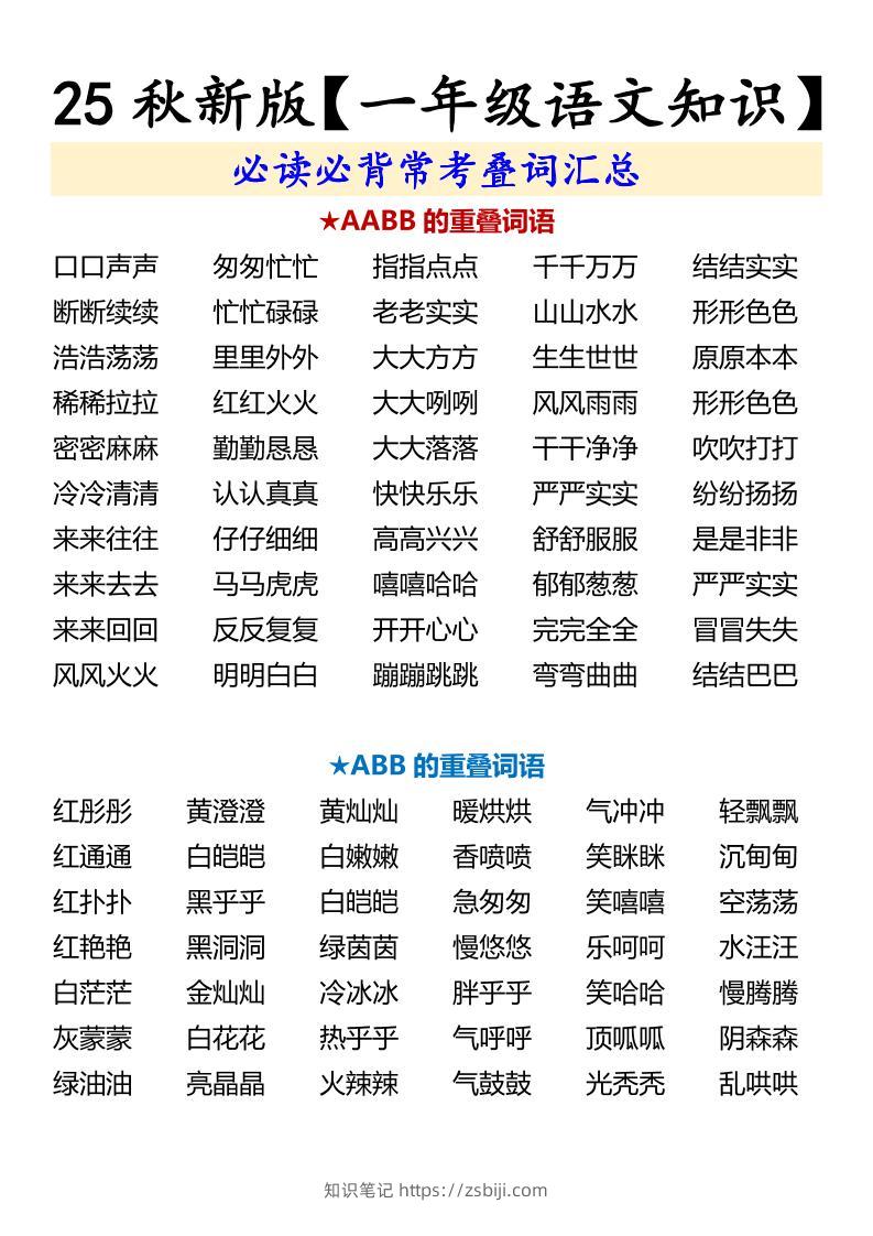 【2025秋新版】【一年级语文知识】必读必背常考叠词汇总-一上语文-知识笔记