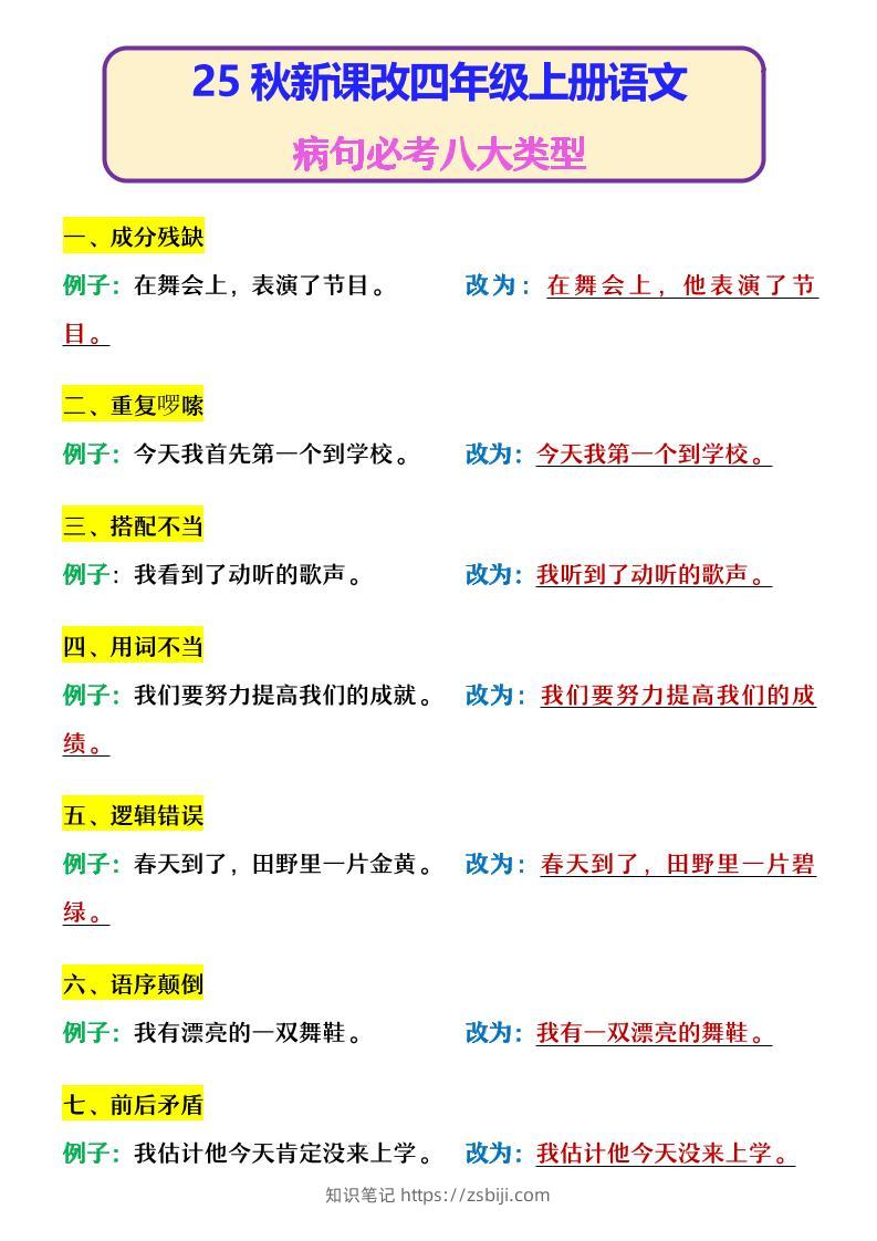 【2025秋新版】四年级上册语文病句必考八大类型-知识笔记