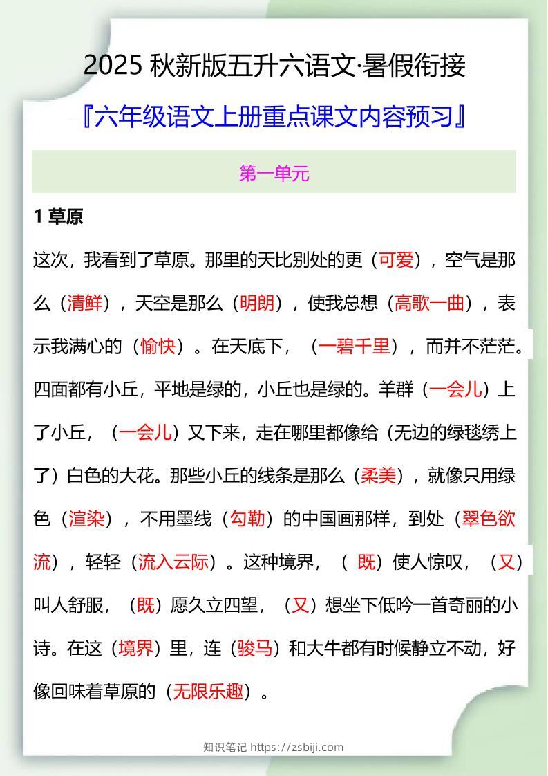 【2025秋新版】五升六暑假衔接——六年级语文上册重点课文内容预习-知识笔记