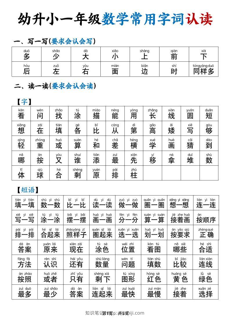 幼升小一年级数学常用字词认读拼音版（5页）-知识笔记