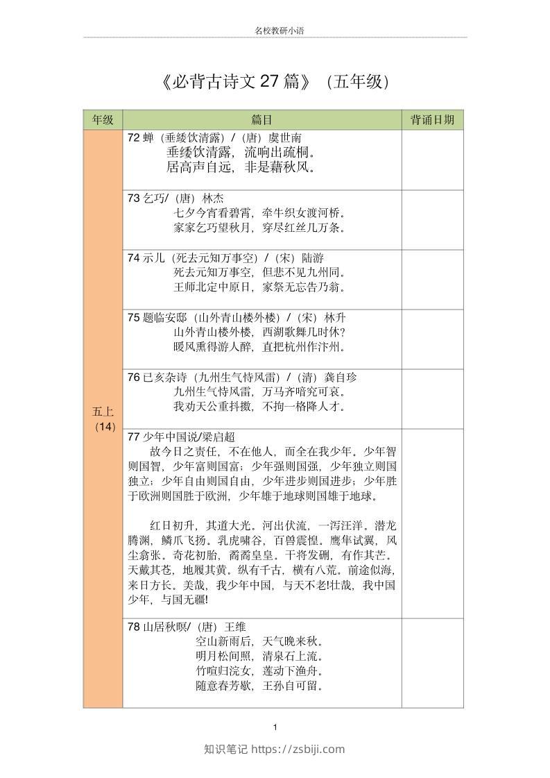 五年级古诗文背诵记录表-五上语文-知识笔记