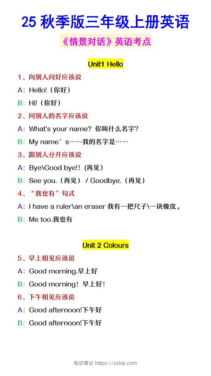 【2025秋新版】三年级上册英语《情景对话》英语考点-知识笔记