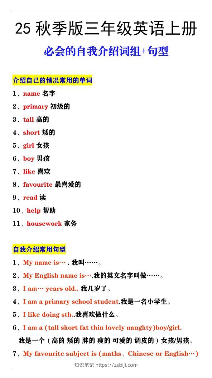 【2025秋新版】三年级英语必会的自我介绍词组+句型-三上英语-知识笔记