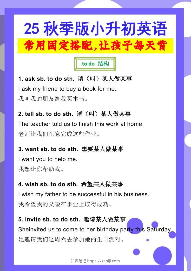 【2025秋新版】小升初英语常用固定搭配-知识笔记