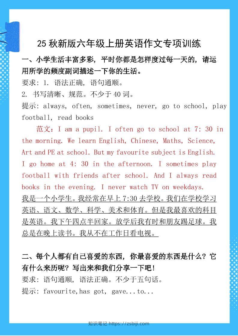 【2025秋新版】六年级上册英语作文专项训练-知识笔记