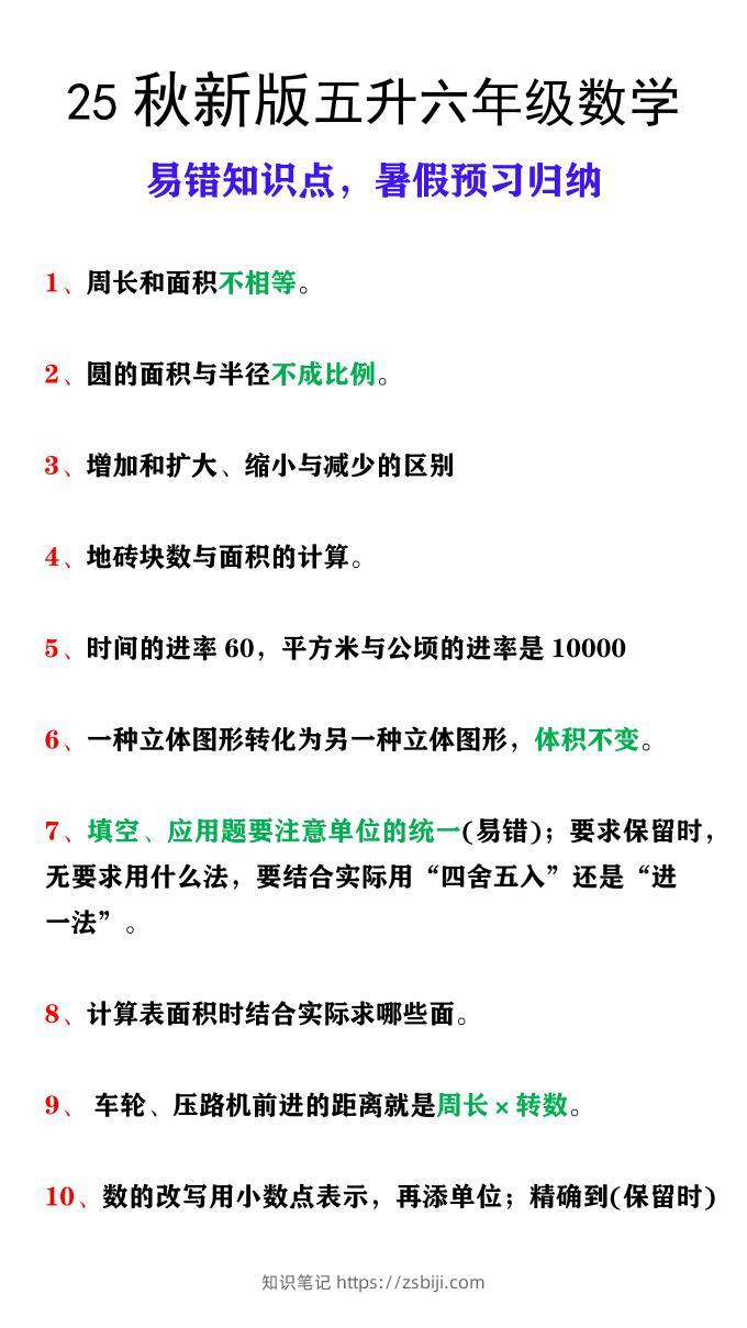 【2025秋新版】五升六年级上册数学易错知识点，暑假预习归纳-知识笔记