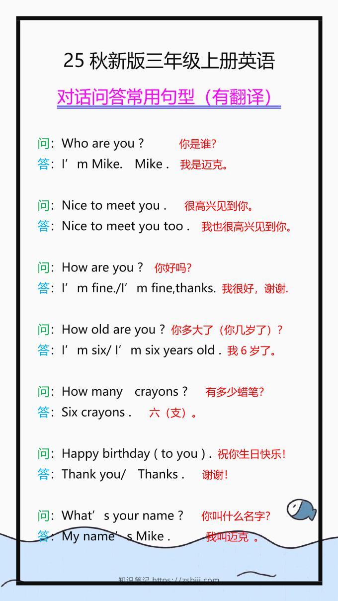 【2025秋新版】三年级上册英语常用句型，读一读，记一记！-知识笔记