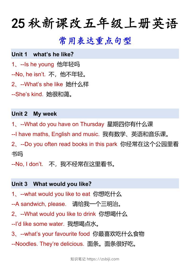 【2025秋新版】五年级上册英语常用表达重点句型-知识笔记