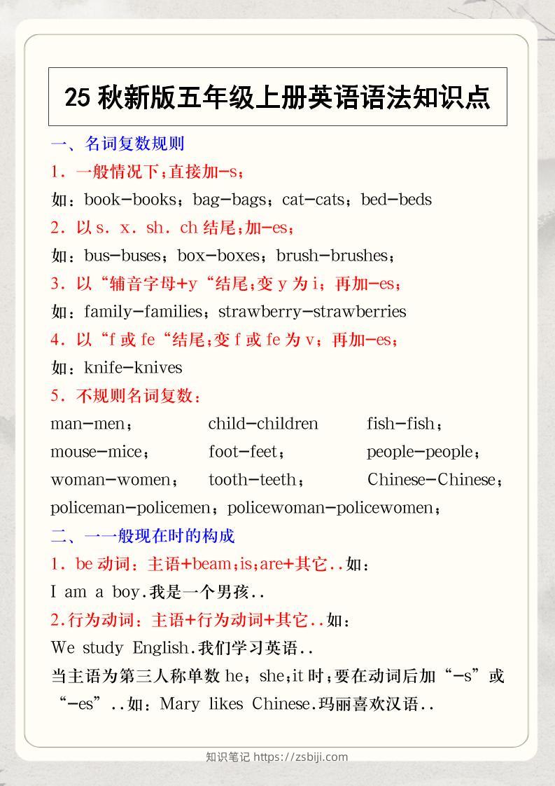 【2025秋新版】五年级上册英语语法知识点-知识笔记