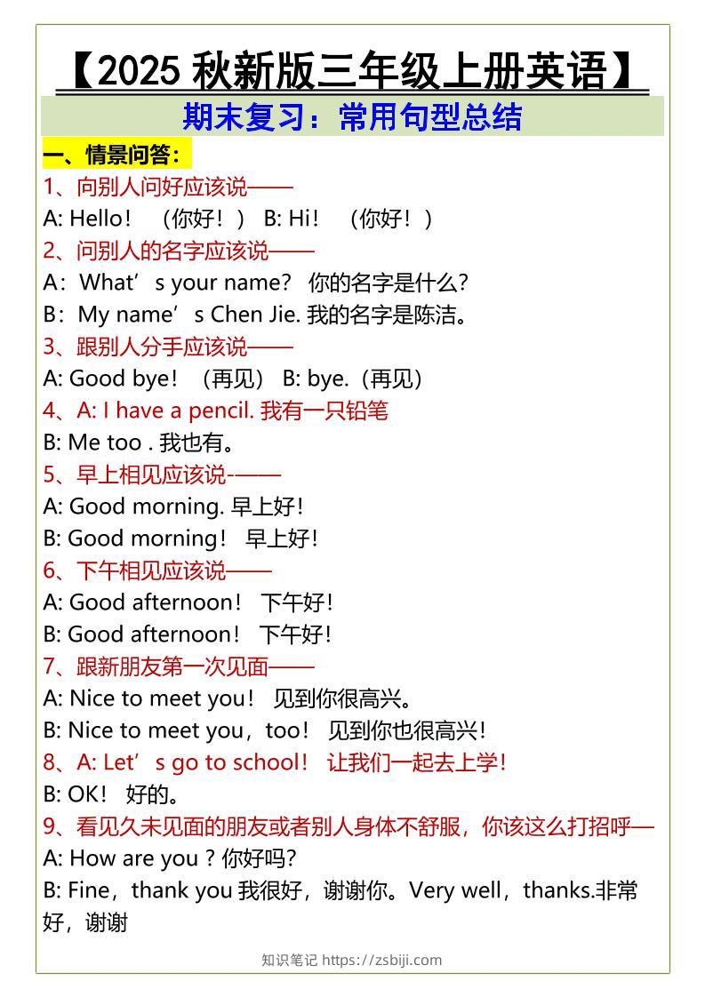 【2025秋新版】三年级上册英语期末复习：常用句型总结-知识笔记