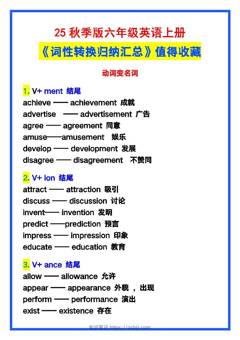 【2025秋新版】六年级英语上册《词性转换归纳汇总》，值得收藏！-知识笔记