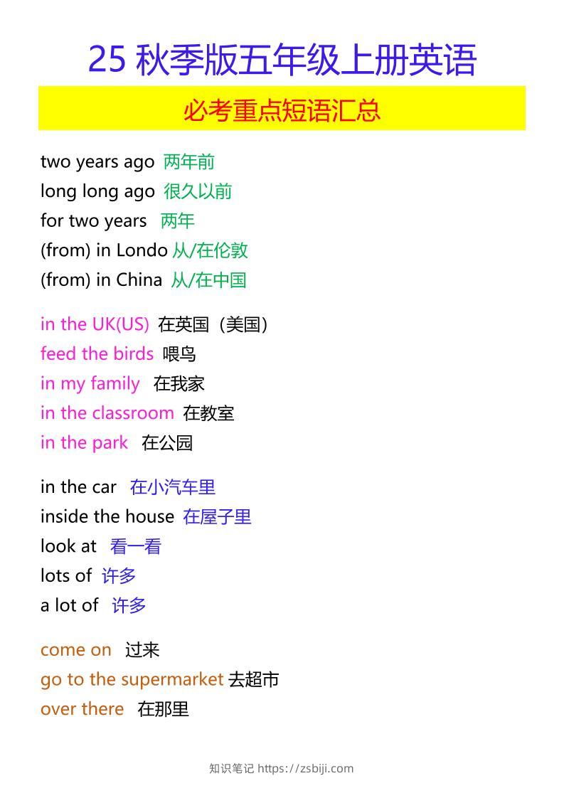 【2025秋新版】五年级上册英语必考重点短语汇总-知识笔记