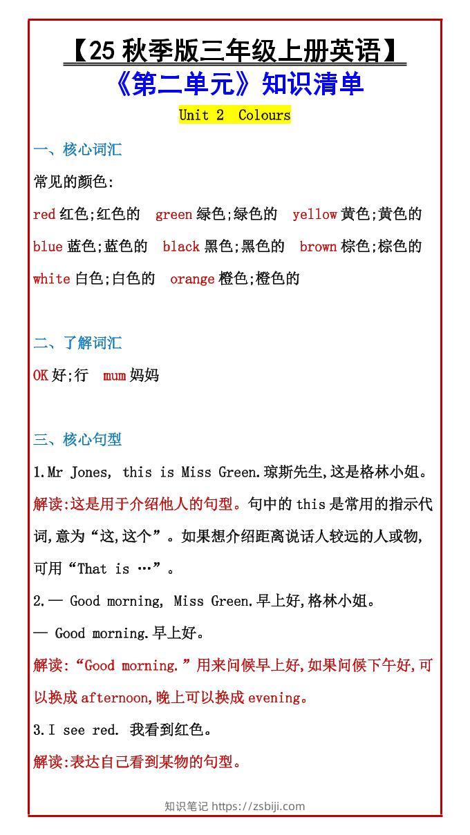 【2025秋新版】【三年级上册英语】《第二单元》知识清单-知识笔记