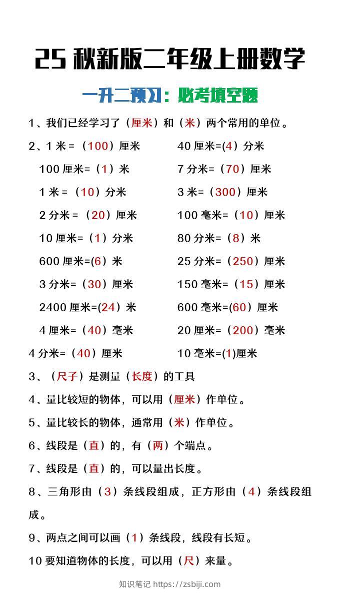【2025秋新版】二年级上册数学暑假预习必做《重点填空题》-知识笔记
