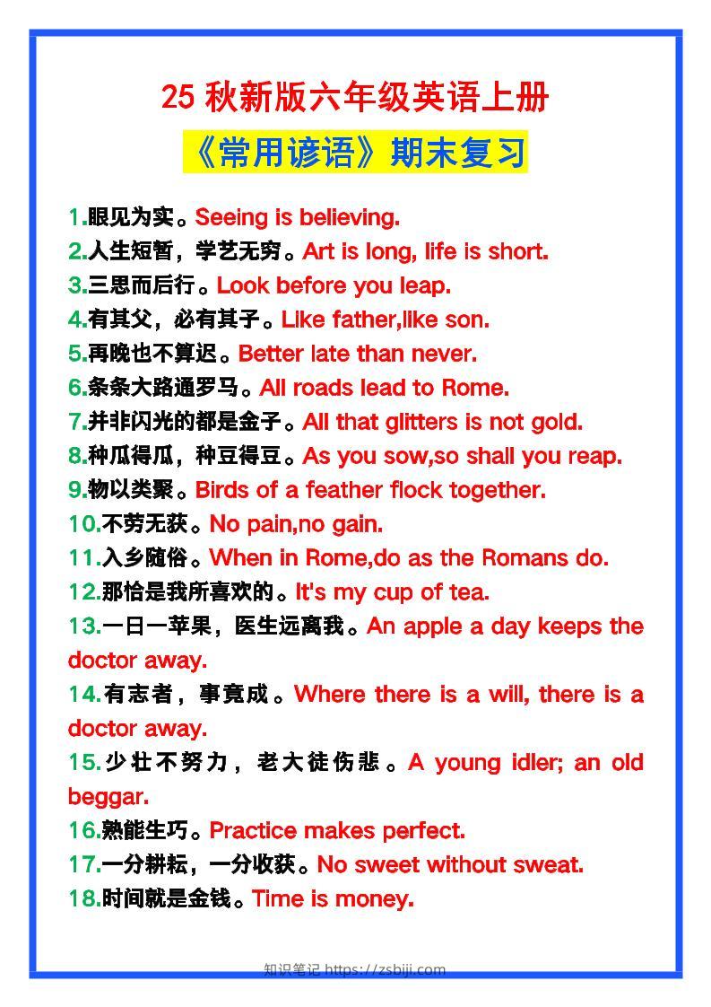 【2025秋新版】六年级英语上册《常用谚语》，为小学英语写作加分！-知识笔记