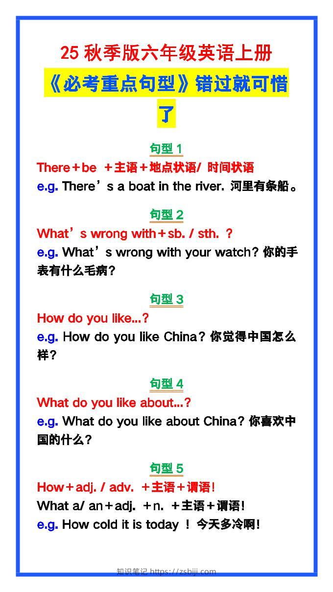 【2025秋新版】六年级英语上册《必考重点句型》错过就太可惜了！-知识笔记