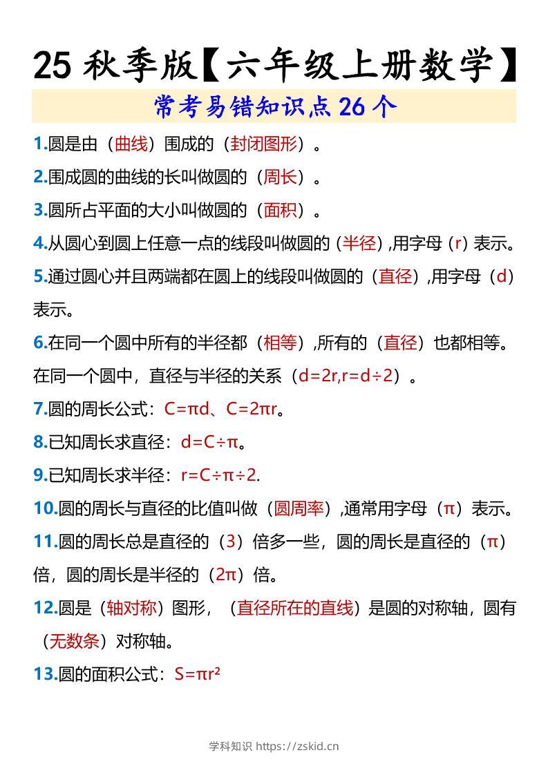 【2025秋新版】【六年级上册数学】常考易错知识点26个-知识笔记