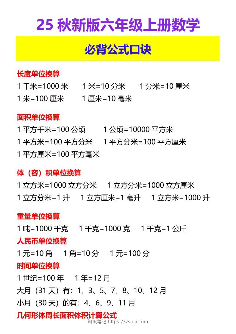 【2025秋新版】六年级上册数学必背公式口诀-知识笔记
