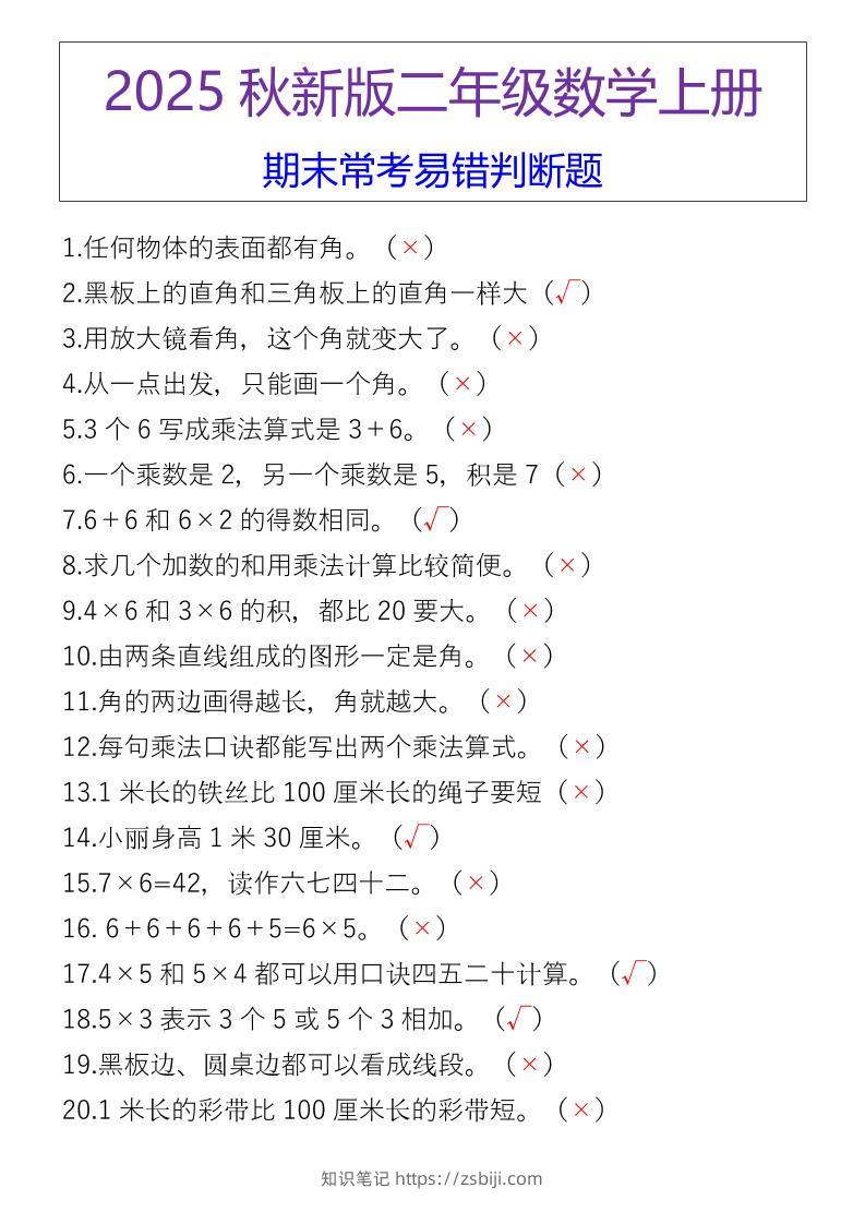 【2025秋新版】二年级数学上册期末常考易错判断题-知识笔记