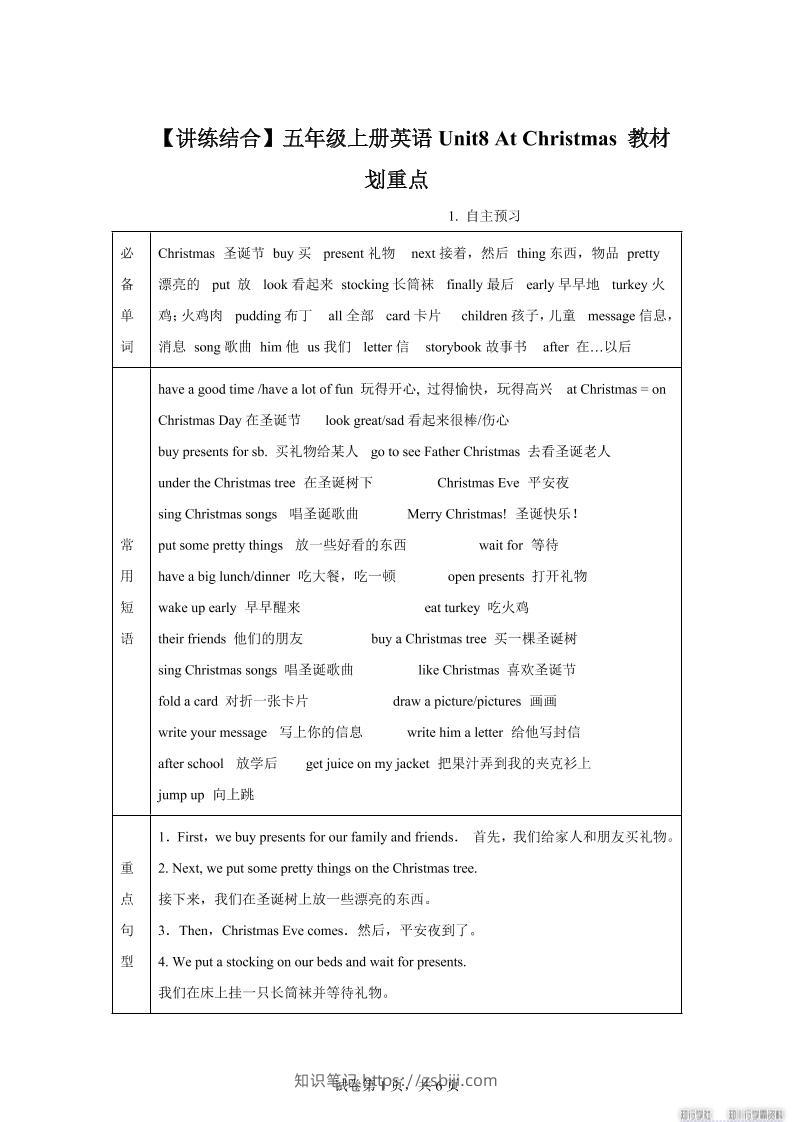 【单元热点难点】译林版（三起）英语五年级上册Unit8AtChristmas教材划重点-知识笔记
