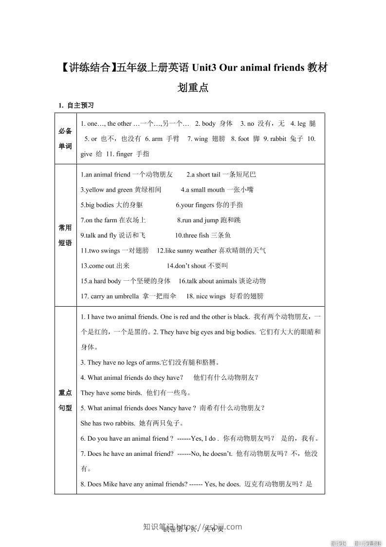 【单元热点难点】译林版（三起）英语五年级上册Unit3Ouranimalfriends教材划重点-知识笔记