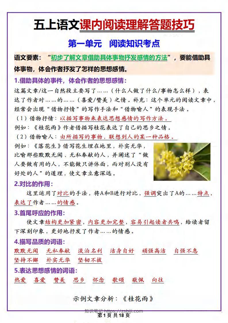 五年级上册语文课内阅读理解答题技巧-知识笔记