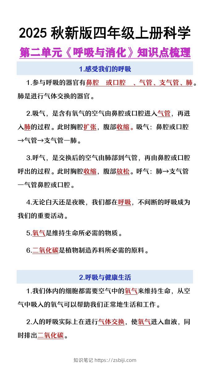 【2025秋新版】四年级上册语文第2单元《呼吸与消化》知识点梳理-知识笔记