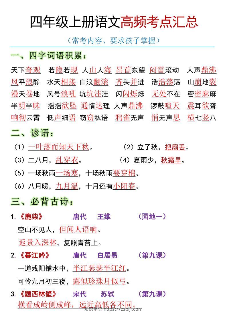 全册高频考点归类（节选）】四上语文-知识笔记