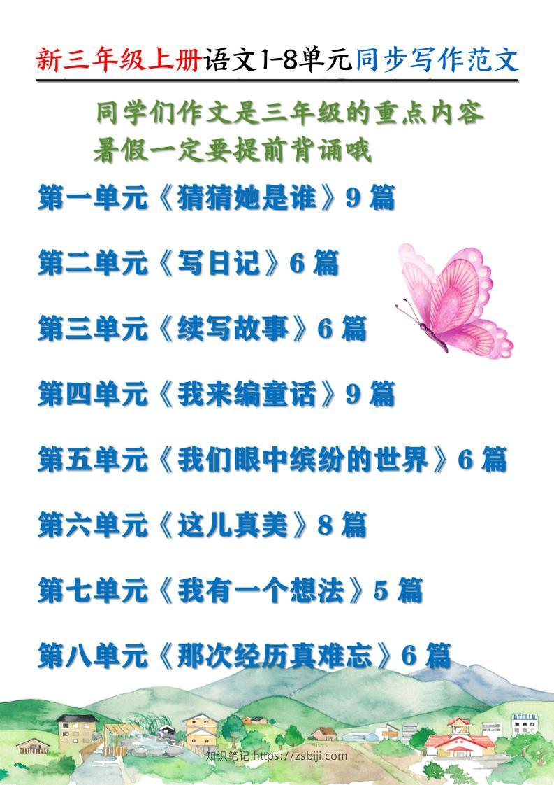 新三上语文1-8单元同步写作范文55篇（56页）-知识笔记