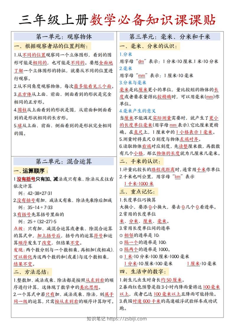 三上人教版数学【必备知识课课贴】-知识笔记