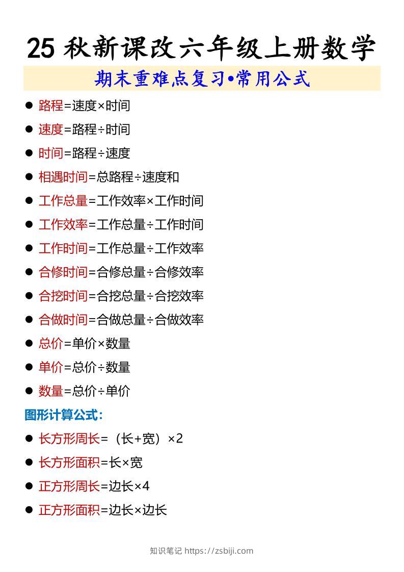 【2025秋新版】六年级上册数学期末重难点复习•常用公式-知识笔记