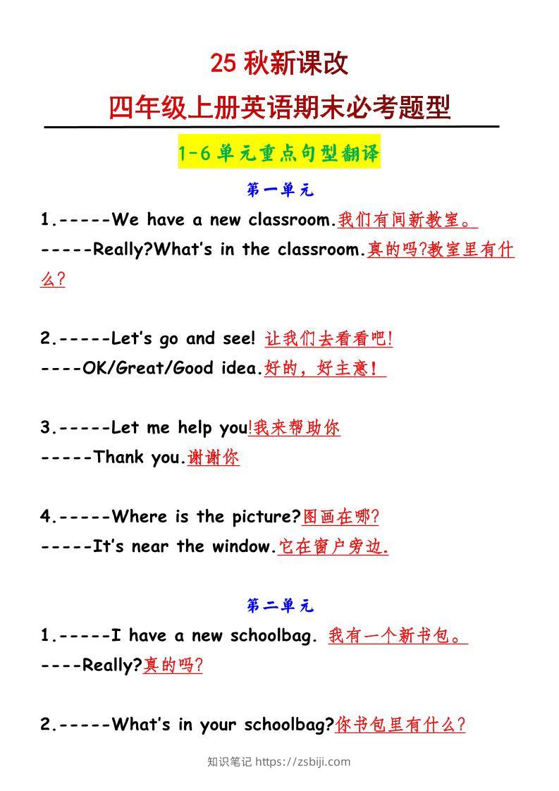 【2025秋新版】四年级上册英语1-6单元重点句型翻译-知识笔记