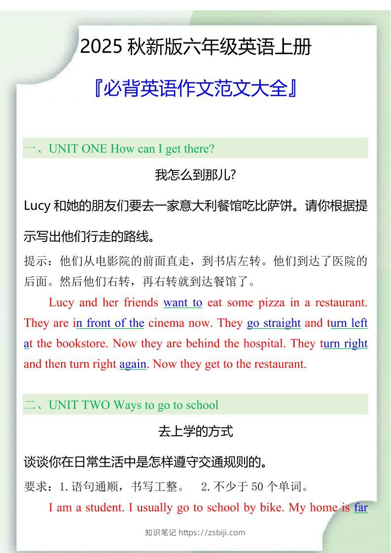 【2025秋新版】六年级上册必背英语作文范文大全-知识笔记