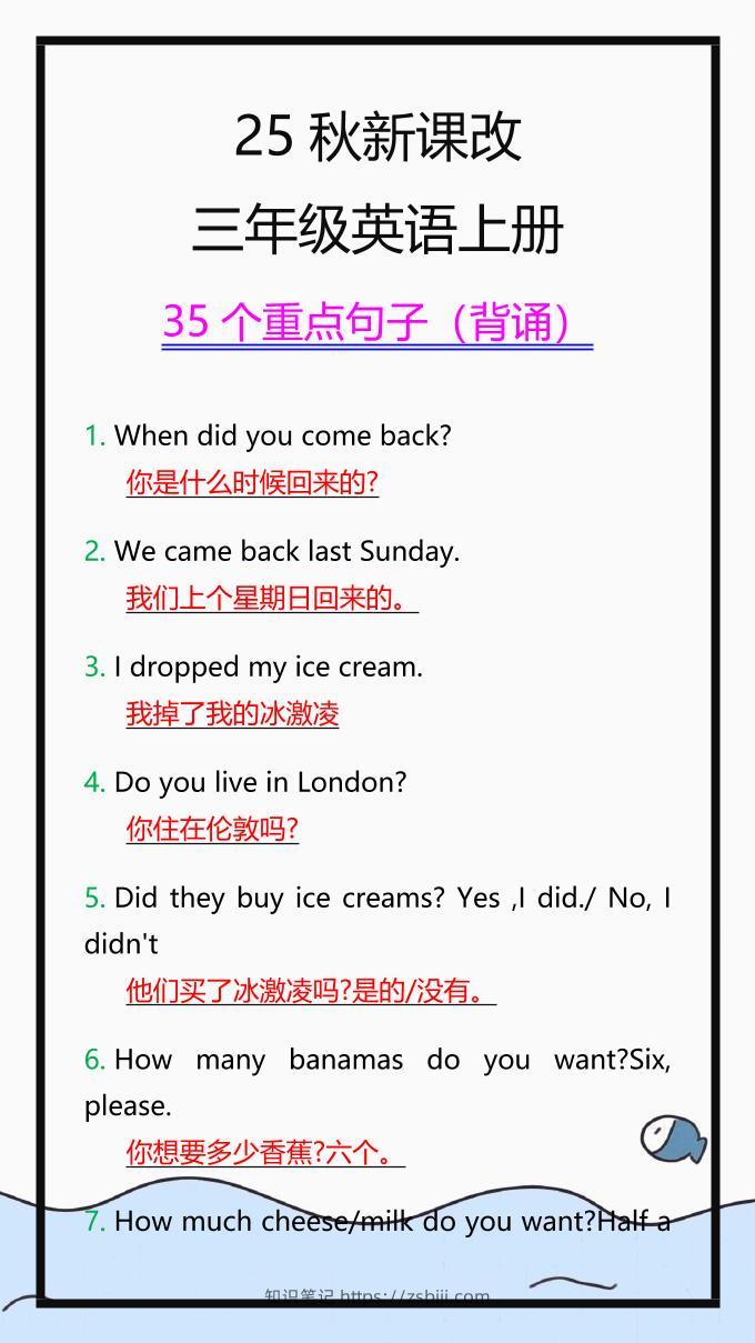 【2025秋新版】三年级英语上册35个重点句子，收藏背一背！-知识笔记